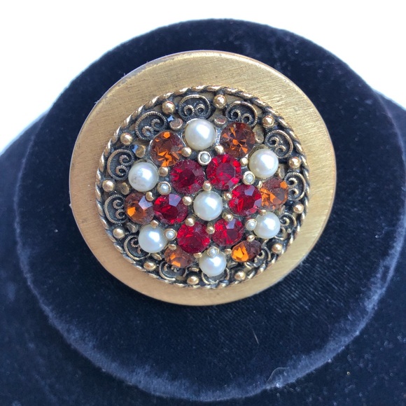 Vintage Rare Compact Pearls Red Rhinestones Jewels Lipstick Mirror one of a Kind - Picture 2 of 8